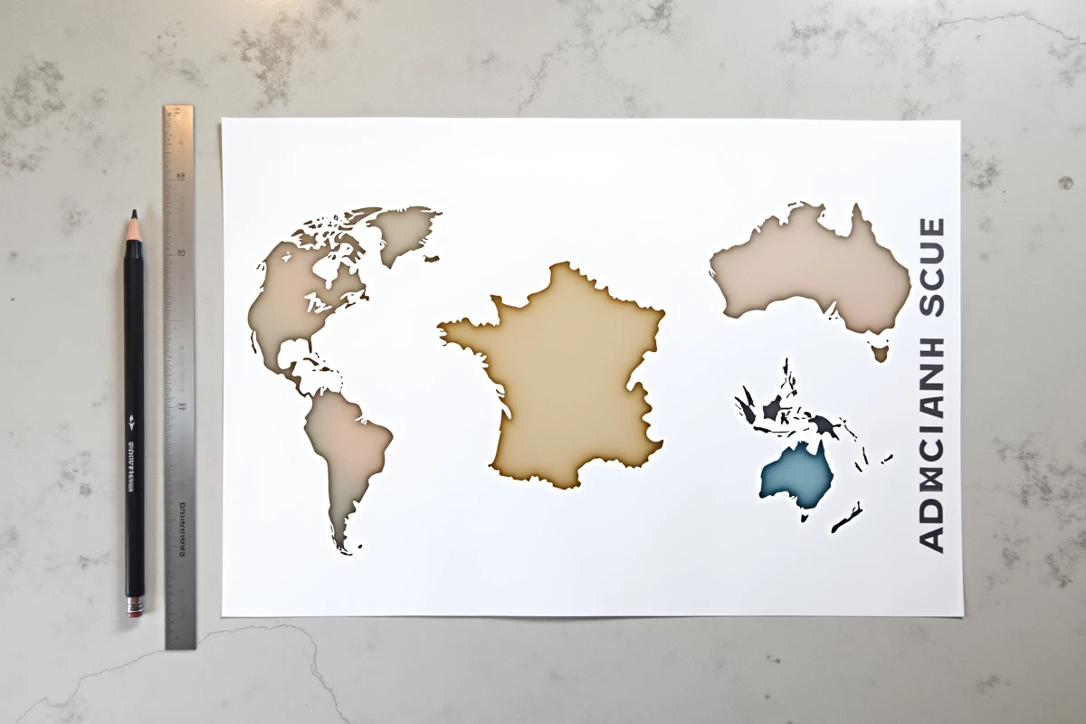 Vue aérienne de fiches géographiques imprimées comparant les superficies de différents pays à celle de la France sur fond béton