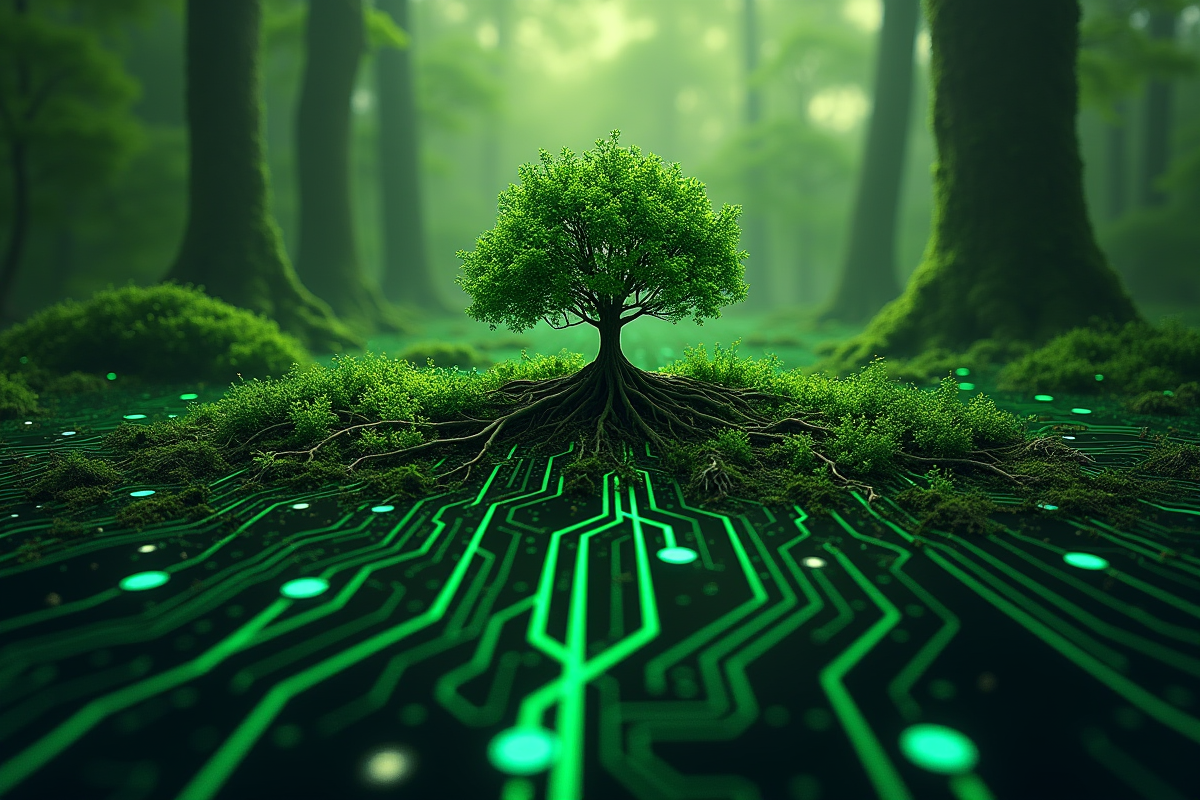 Forêt verte mêlée à un circuit imprimé symbolisant la nature et la technologie