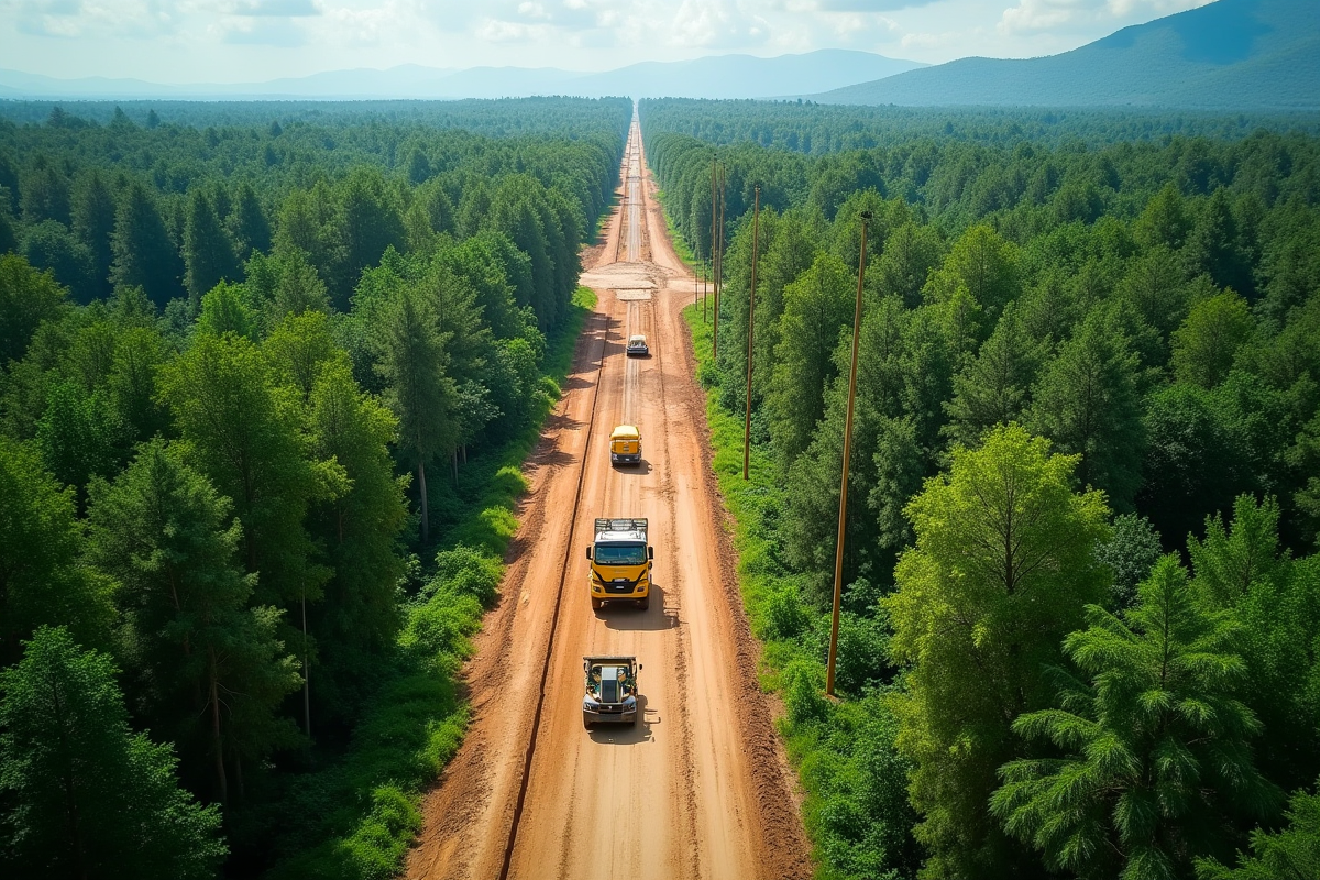 Forêt tropicale verte contrastant avec chantier routier en plein jour