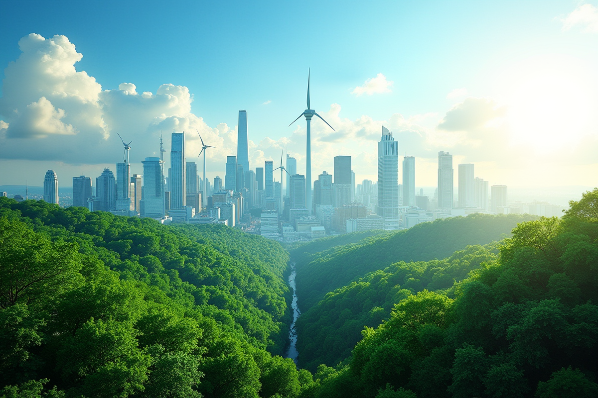 Forêt verte se fondant dans une ville durable avec éoliennes et panneaux solaires