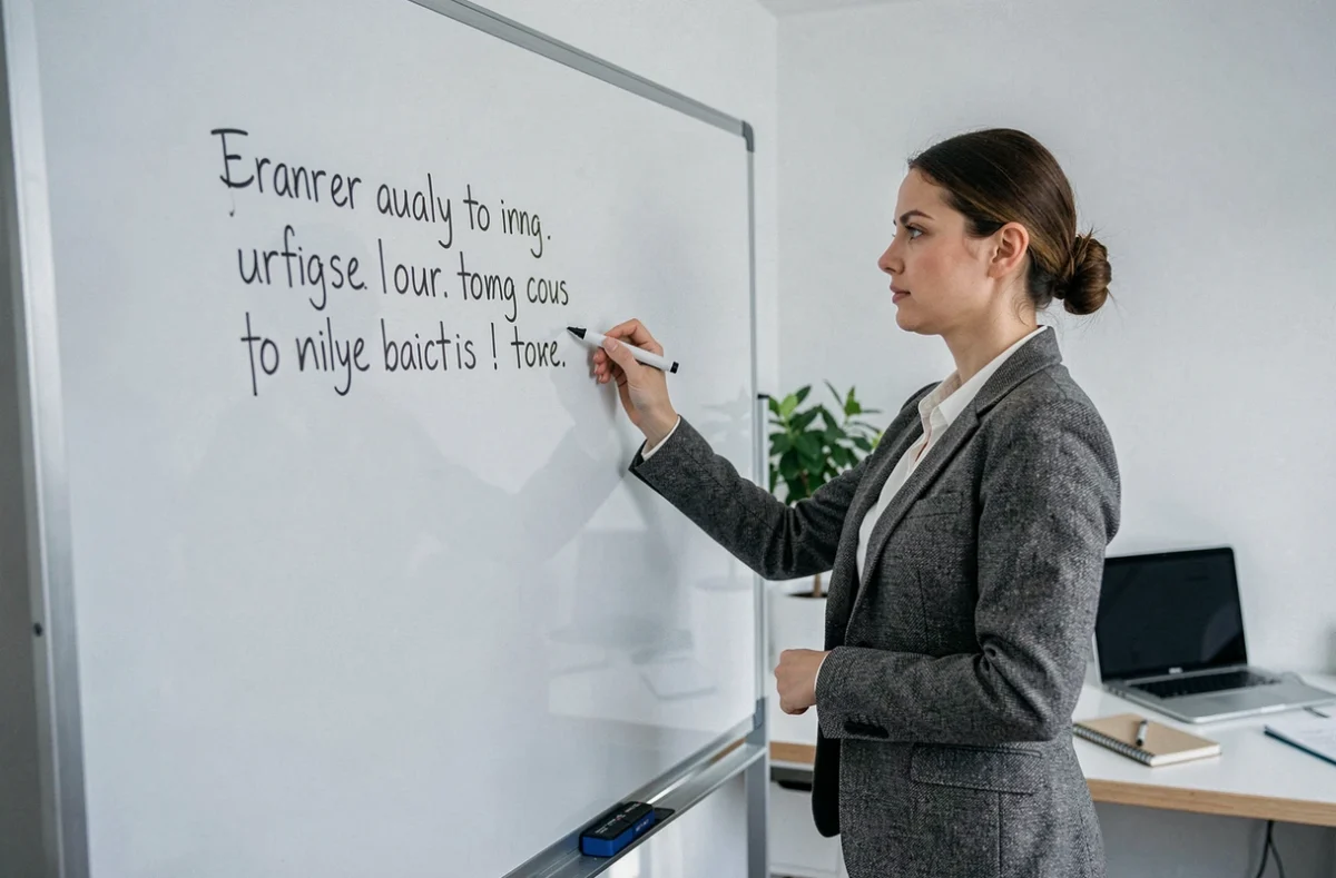 Femme écrivant une phrase d'affirmation au présent sur un tableau blanc, illustrant la formulation d'un dicton de confiance avec un verbe d'action