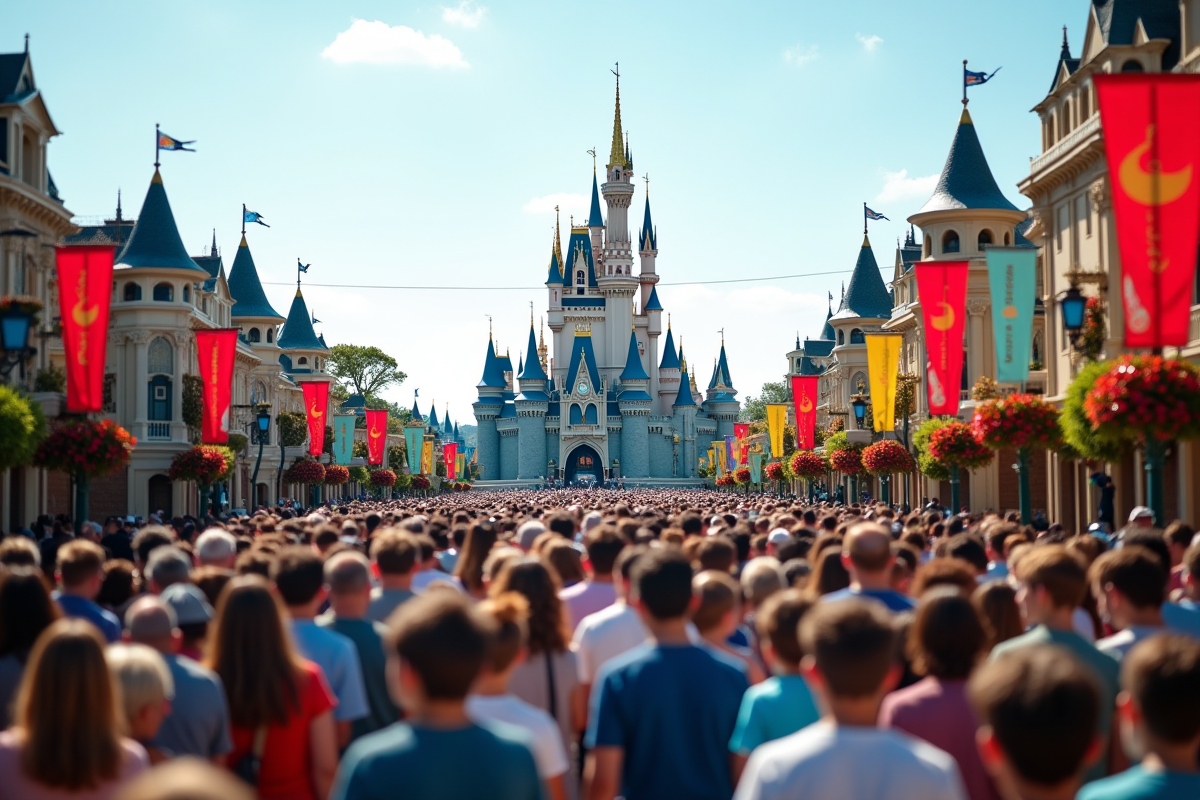 Foule devant l'entrée de Disneyland Paris avec château en arrière-plan