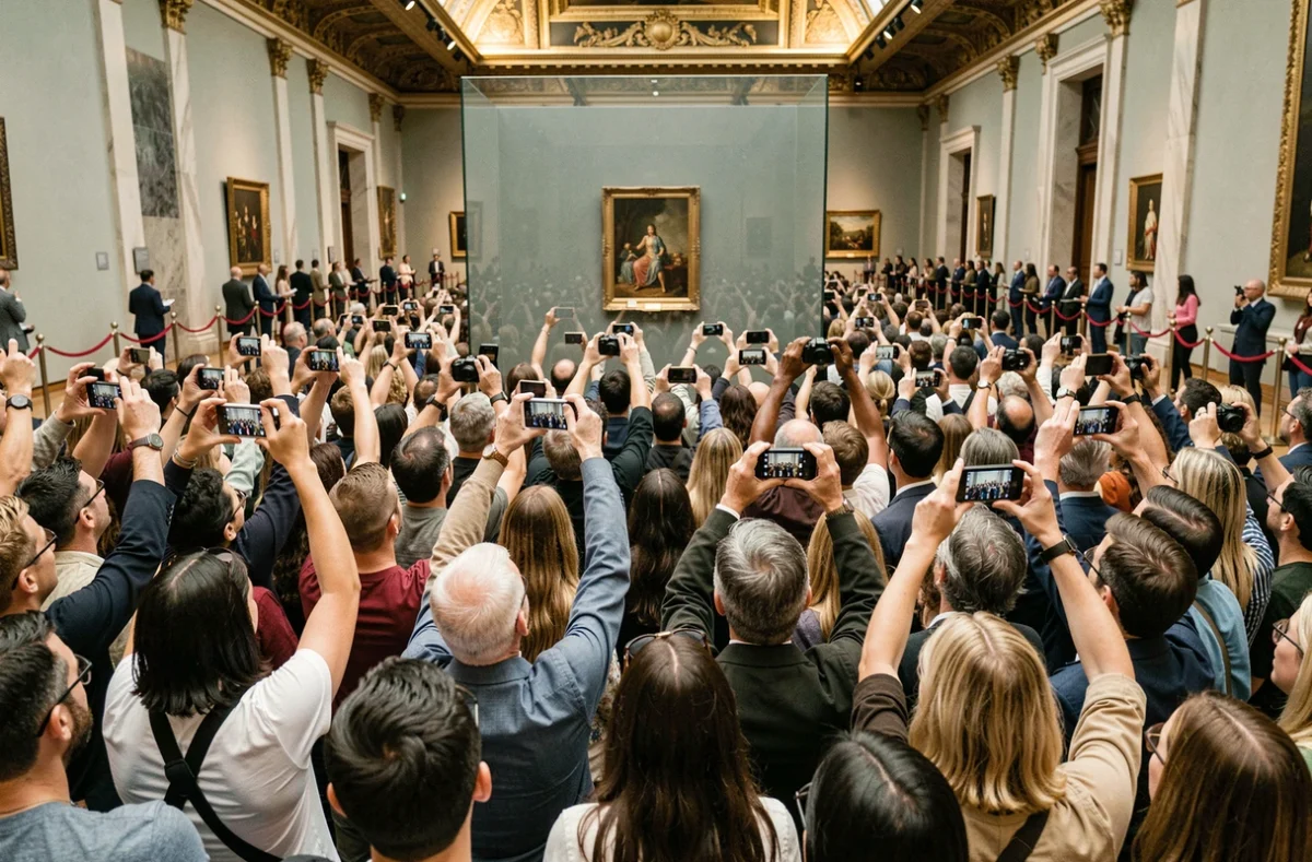 Foule de touristes photographiant la Joconde derrière sa vitre blindée au musée du Louvre