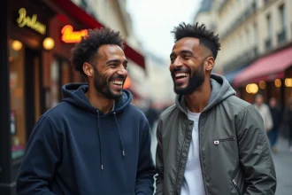 Deux humoristes frères complices dans la rue à Paris, ambiance urban et naturelle