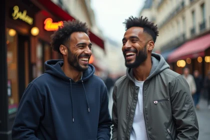 Deux humoristes frères complices dans la rue à Paris, ambiance urban et naturelle