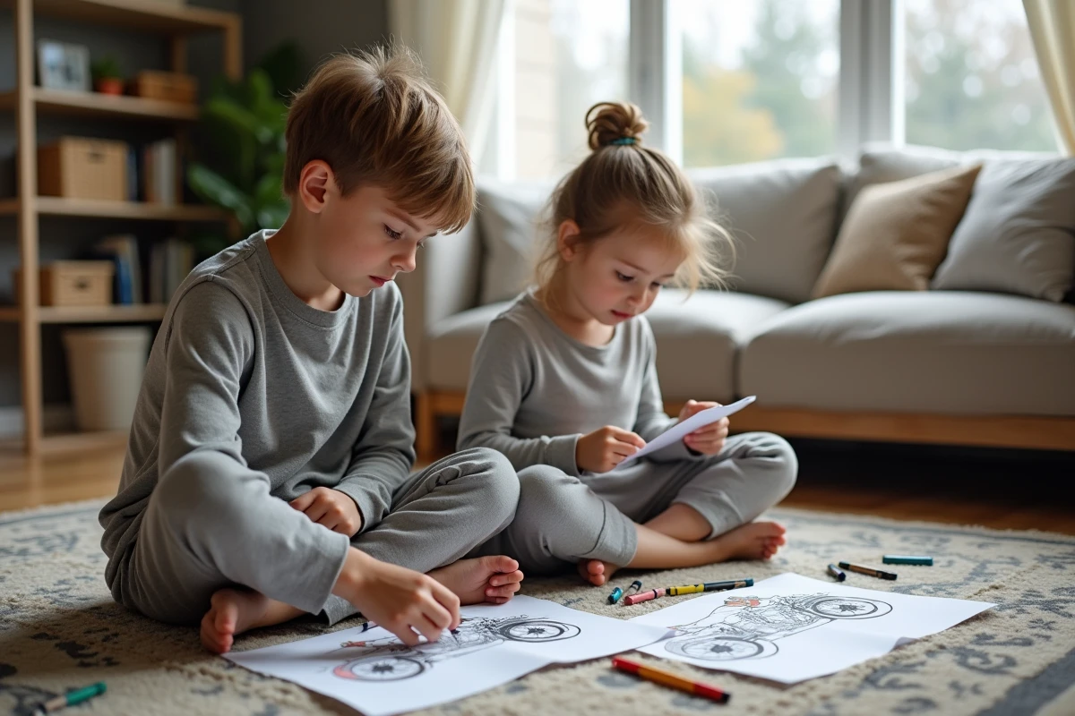 Freres et soeurs coloriant ensemble dans le salon