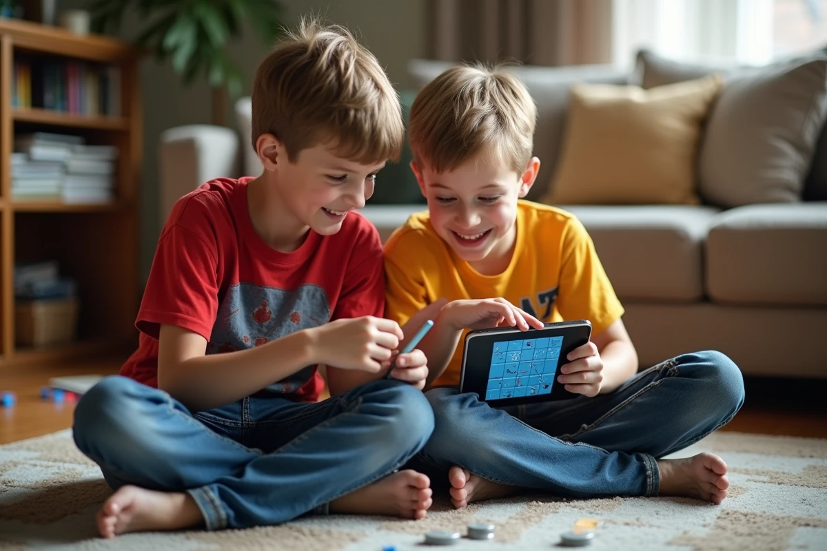 Deux garçons jouent à la bataille navale sur une tablette dans le salon