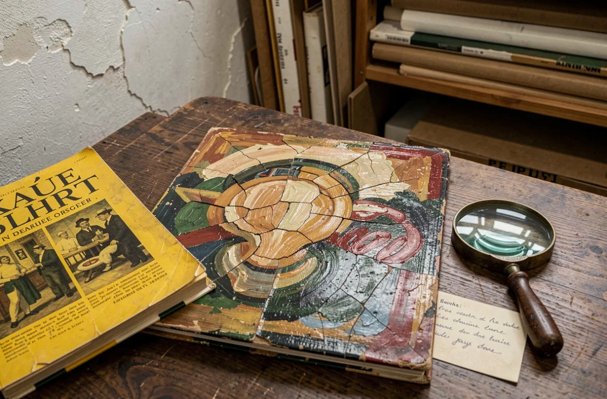 Gros plan d'une peinture à l'huile ancienne craquelée d'un peintre français méconnu posée sur une table en chêne avec catalogue jauni et loupe