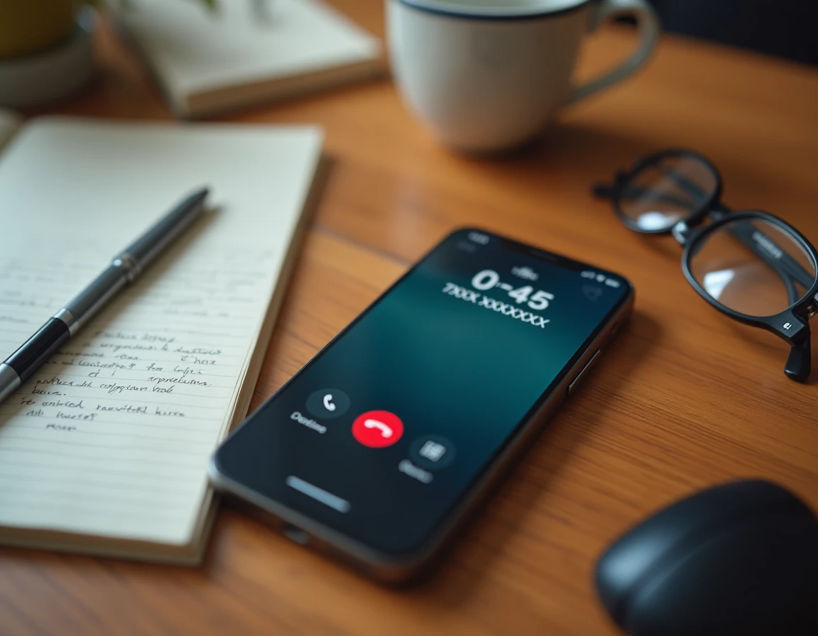 Gros plan d'un smartphone posé sur une table en bois affichant un appel entrant avec le numéro indicatif +44, carnet de notes à côté
