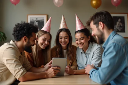 Groupe d'amis souriants autour d'une table festive