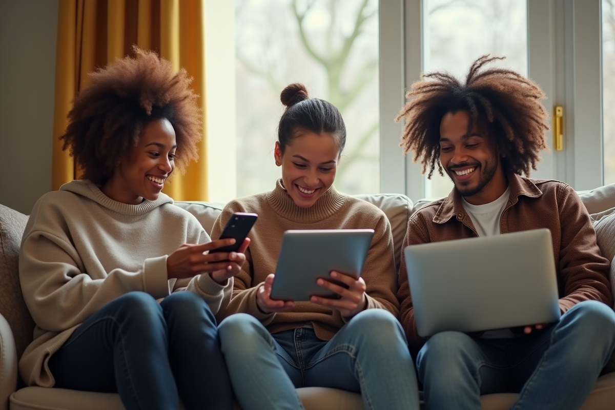Trois personnes discutant de la vitesse internet avec appareils