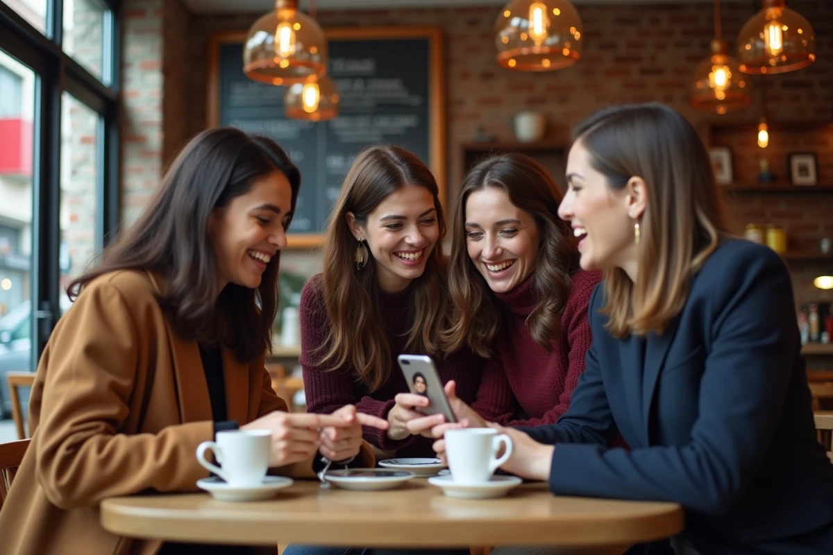 Groupe de femmes dans un café d'Istanbul discutant de leurs actrices turques préférées autour d'un smartphone