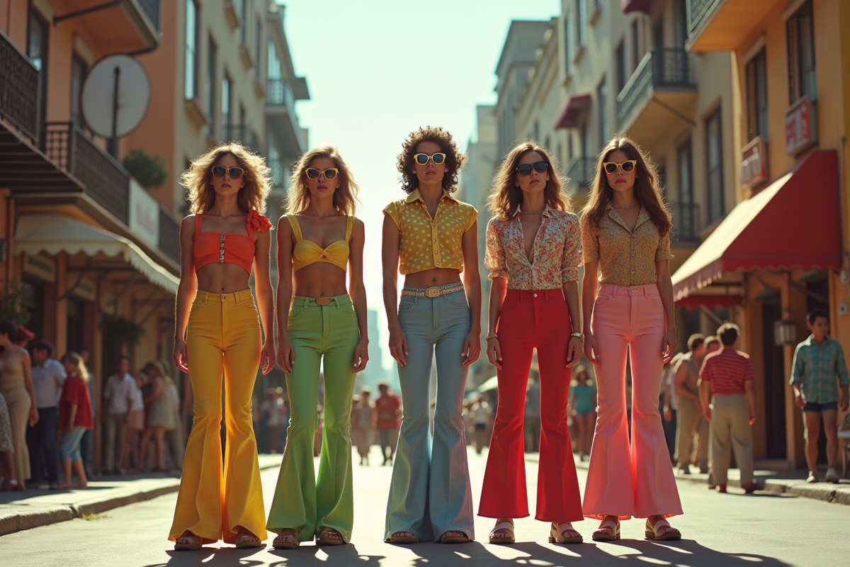 Groupe de jeunes dans une rue colorée de 1972 avec mode vintage