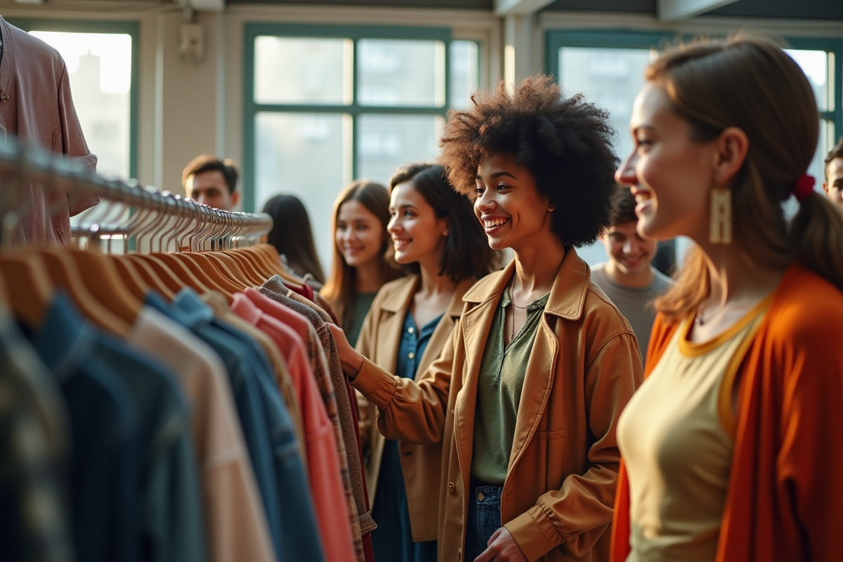 Groupe de jeunes adultes dans une boutique vintage lumineuse