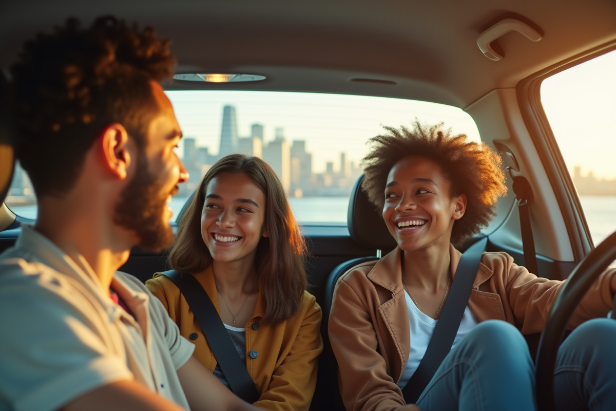Groupe de jeunes partageant une voiture moderne dans une ville futuriste