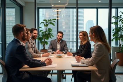 Professionnels divers réunis autour d'une table en réunion
