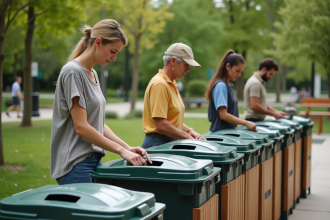 Groupe de quatre personnes triant recyclables dans un parc