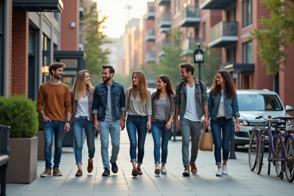 Groupe divers d'adultes et adolescents dans une rue urbaine animée
