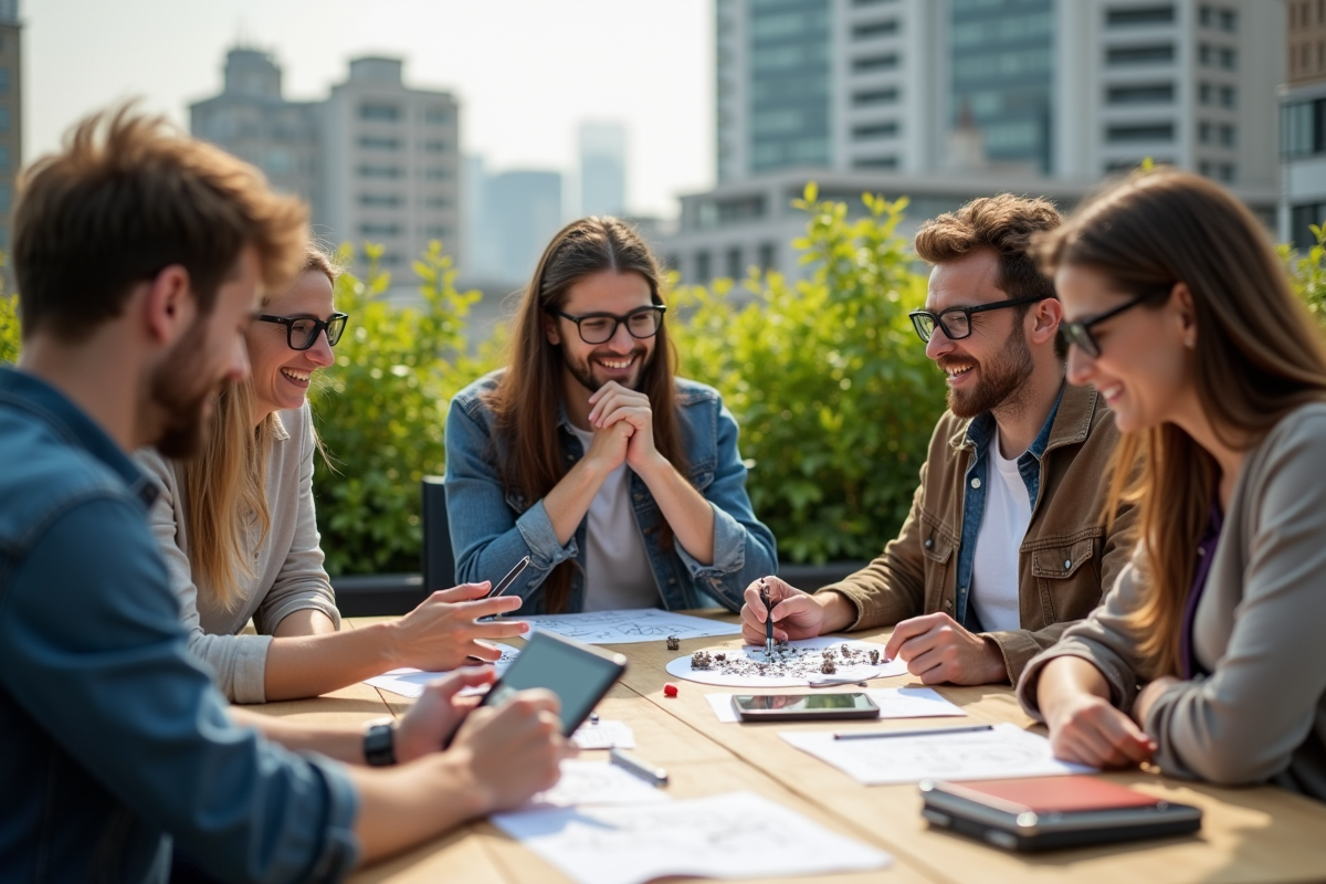 Groupe divers discutant d un gadget écologique en extérieur