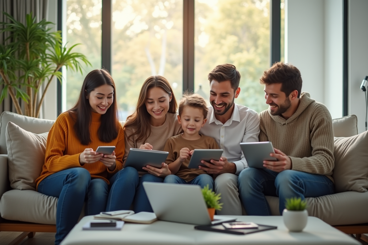 Groupe diversifié utilisant des appareils numériques dans un salon lumineux