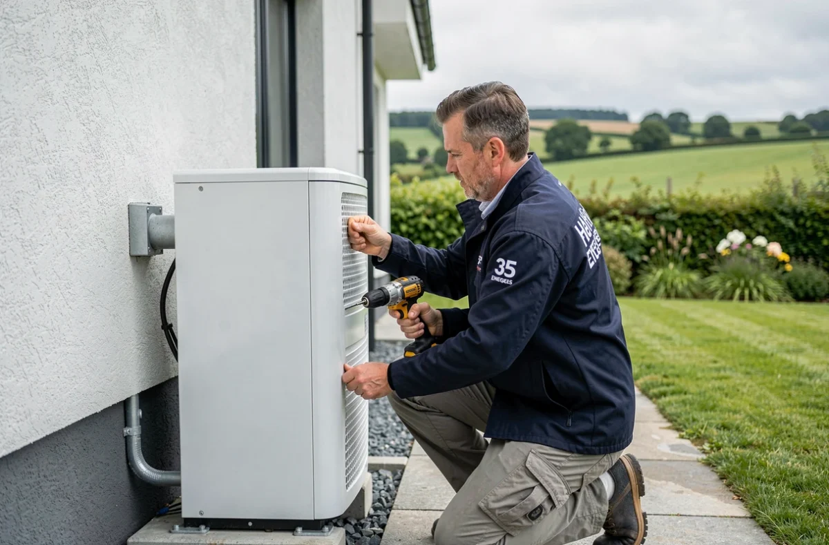 Technicien Habitat Energies 35 installant une pompe à chaleur sur une maison bretonne