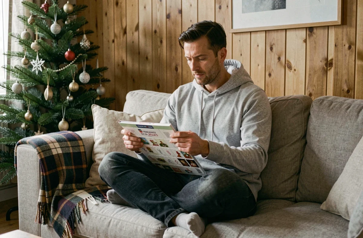 Homme analysant le calendrier de l'Avent FDJ 2026 assis sur un canapé dans un salon décoré pour Noël