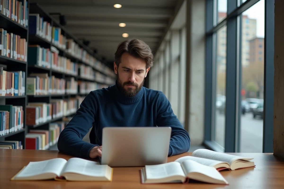 Homme consultant des livres de grammaire française dans une bibliothèque moderne