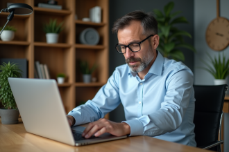 Homme d'âge moyen connectant un disque dur à un ordinateur dans un bureau