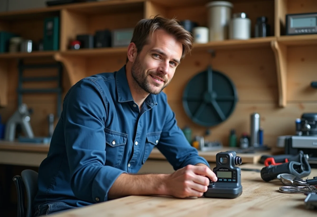 Homme utilisant un dynamometre dans un atelier organisé