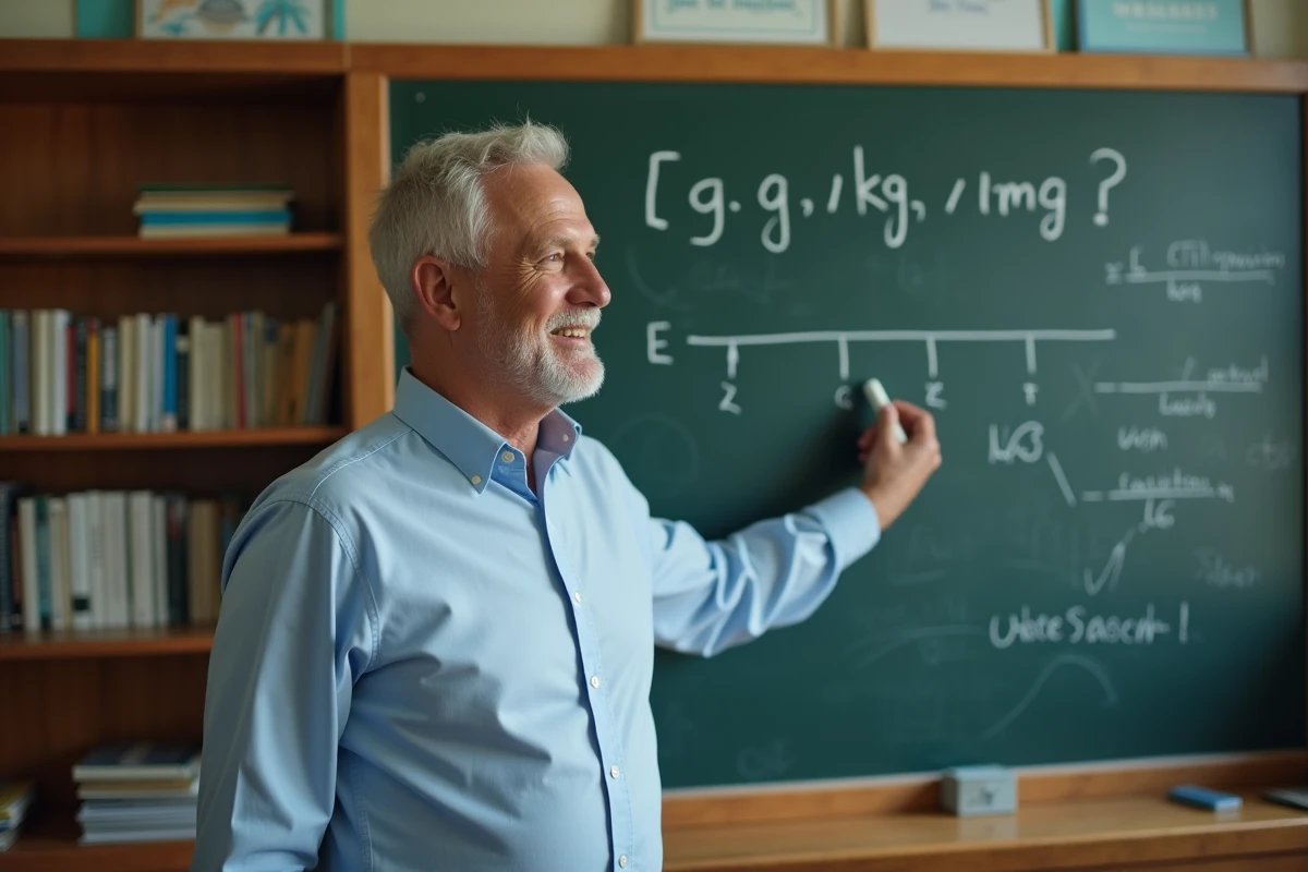 Homme en classe expliquant les conversions de mesures