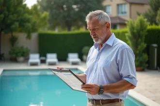 Homme d age moyen en tenue d ete examine reglementation piscine