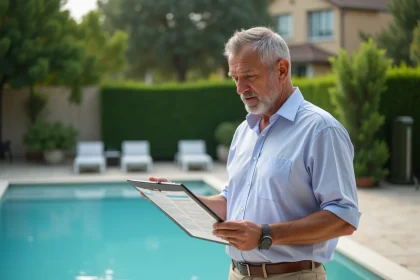 Homme d age moyen en tenue d ete examine reglementation piscine