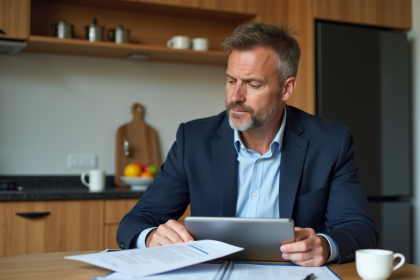 Homme d'âge moyen en costume bleu examine documents financiers