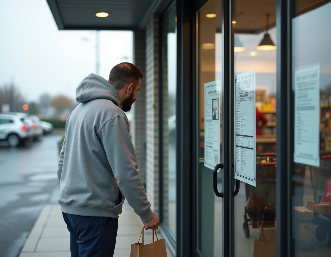 Homme lisant les horaires d'ouverture affichés à l'entrée d'un supermarché Lidl