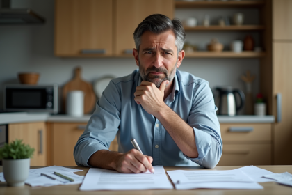 Homme inquiet en intérieur avec contrat de prêt et papiers