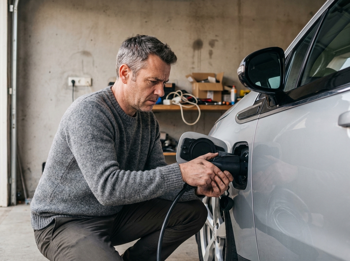 Homme inspectant le port de recharge d'une voiture électrique d'occasion dans un garage résidentiel