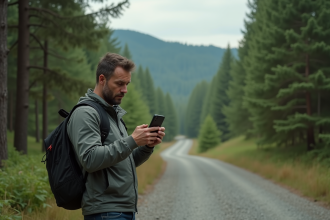 Homme d'âge moyen dans la nature avec smartphone en main