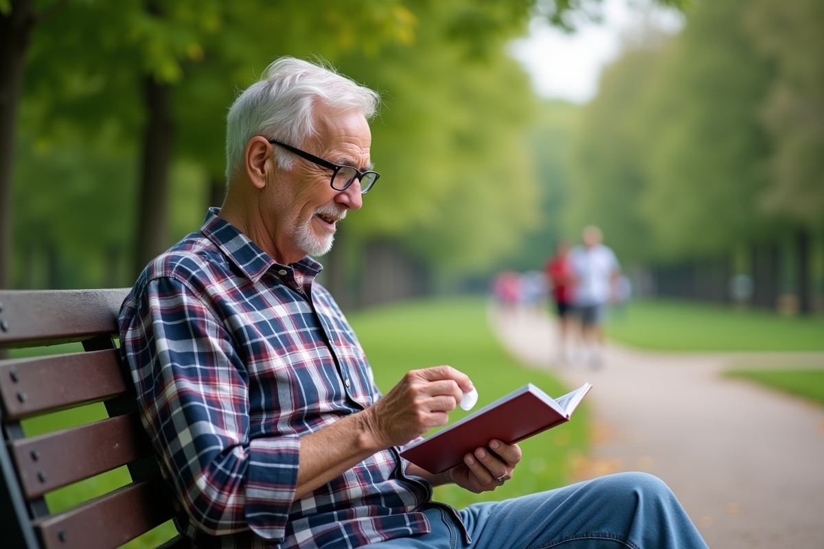 Homme âgé lisant un livret de nutrition sur un banc de parc