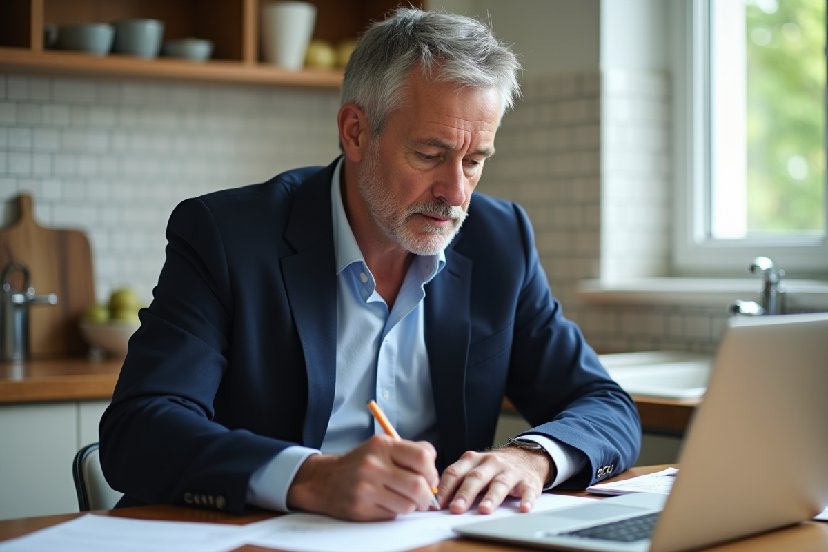 Homme d'âge moyen étudiant des documents immobiliers à la maison