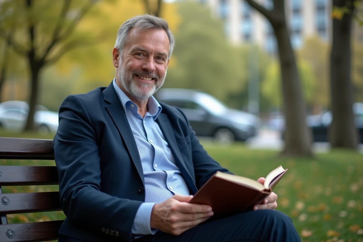 Homme lisant un carnet dans un parc urbain
