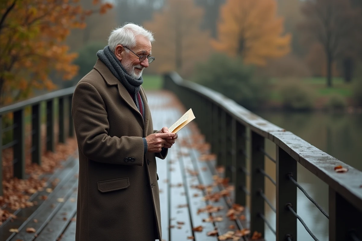 Homme âgé lisant une lettre sur un pont au bord de l