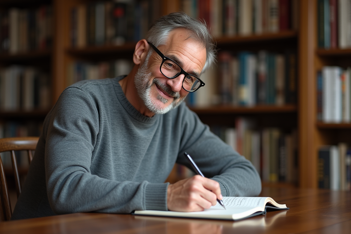 Homme écrivant dans un carnet dans une bibliothèque