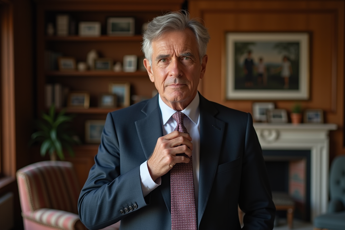 Homme en costume ajusté nouant une cravate en soie