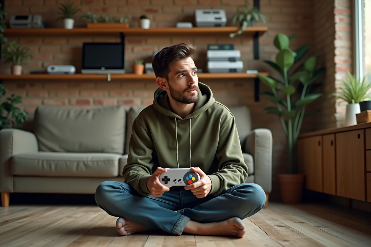 Homme tenant une manette rétro style SNES dans un salon vintage avec étagères de jeux et cartouches classiques