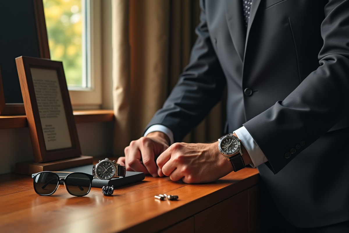 Homme bien habille arrangeant montres et lunettes à la maison
