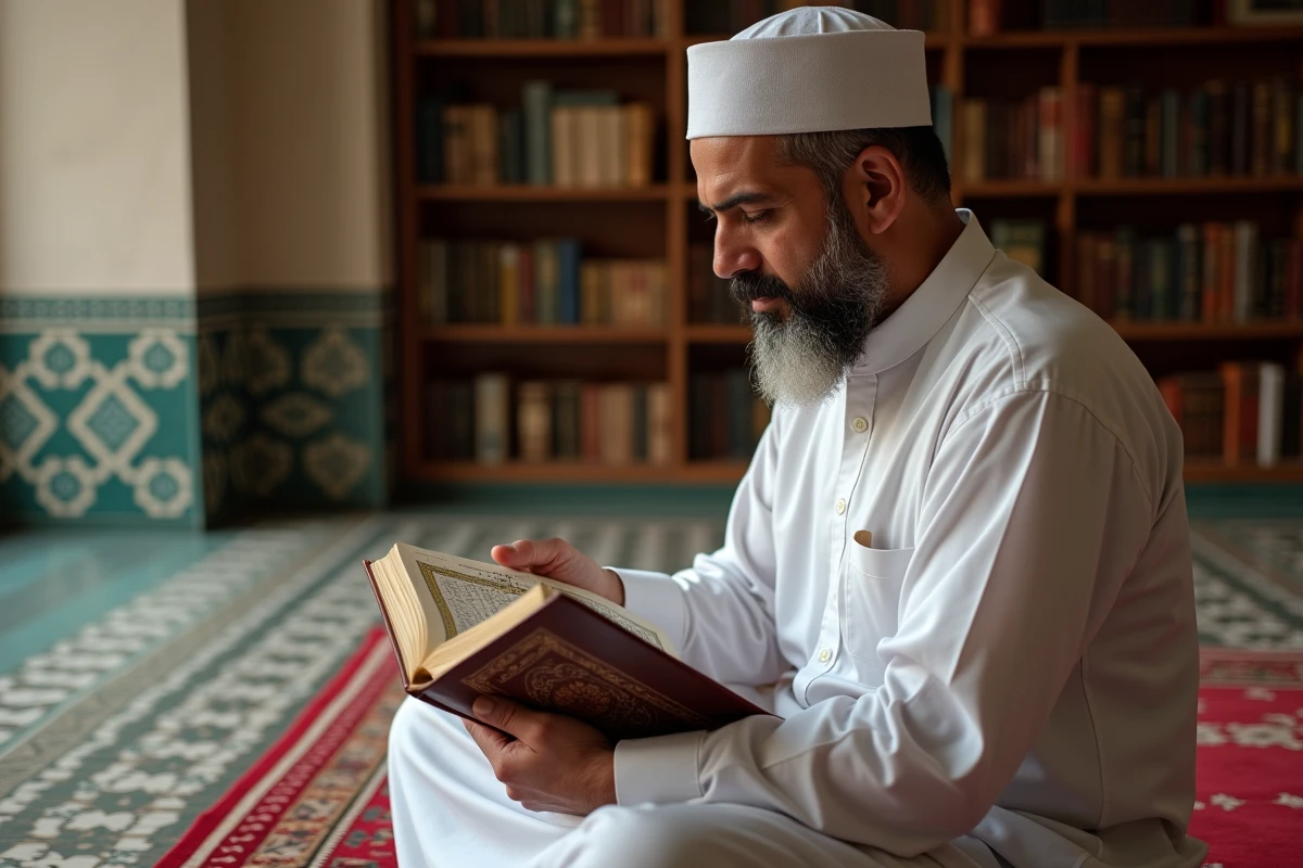 Homme musulman méditant avec un Quran dans un espace lumineux