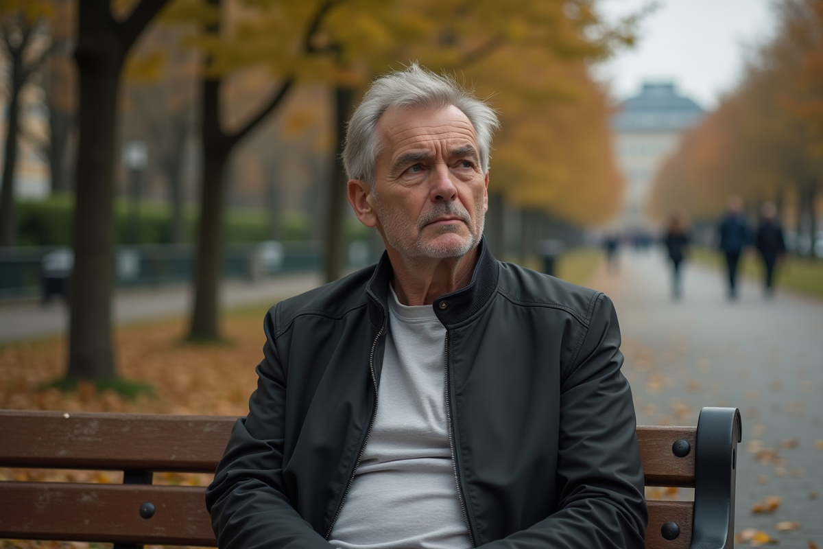 Homme assis sur un banc dans un parc en automne