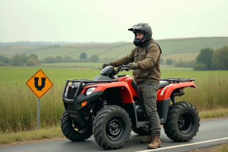 Homme en plein air avec quad dans la campagne