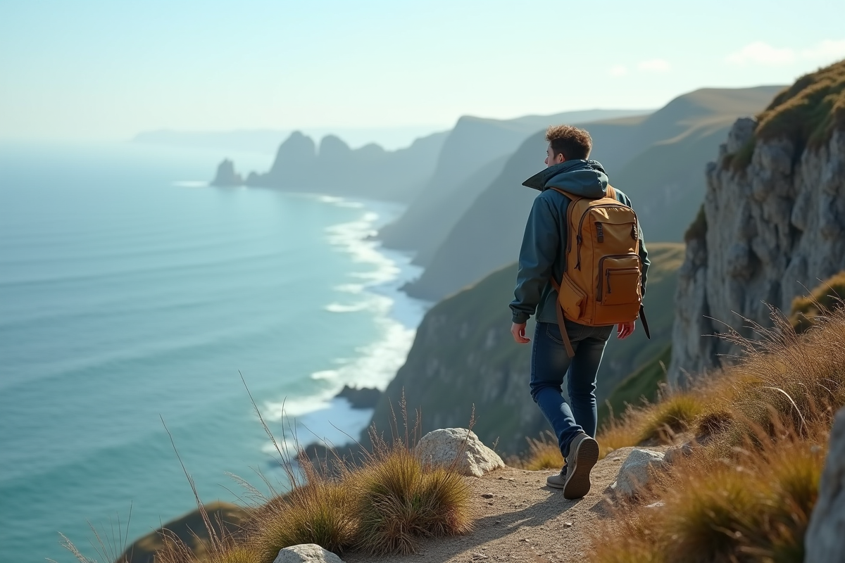 Jeune homme en randonnée sur une falaise côtière