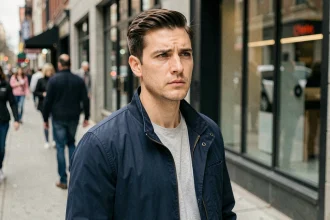 Homme dans la rue regardant une femme passer avec une expression neutre et contemplative